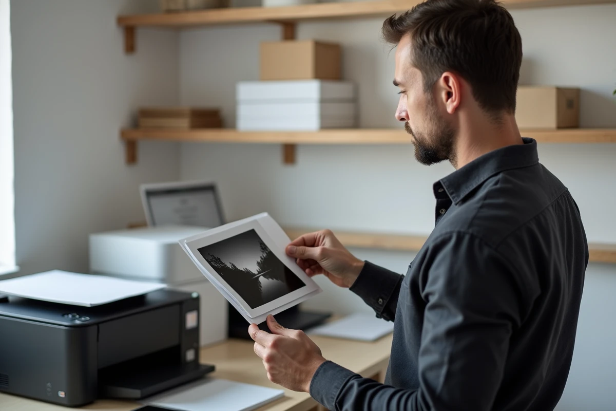 Photographe professionnel examinant un tirage noir et blanc de haute qualité sorti d'une imprimante photo professionnelle