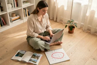 Femme planifiant ses vacances de printemps pour les jours fériés de mai 2026 entourée d'un guide de voyage et d'un calendrier