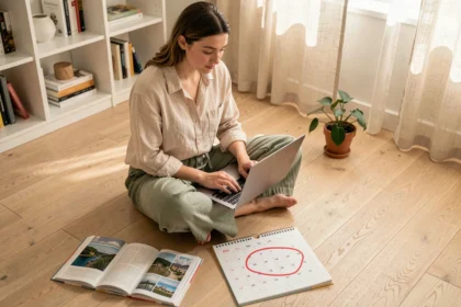 Femme planifiant ses vacances de printemps pour les jours fériés de mai 2026 entourée d'un guide de voyage et d'un calendrier