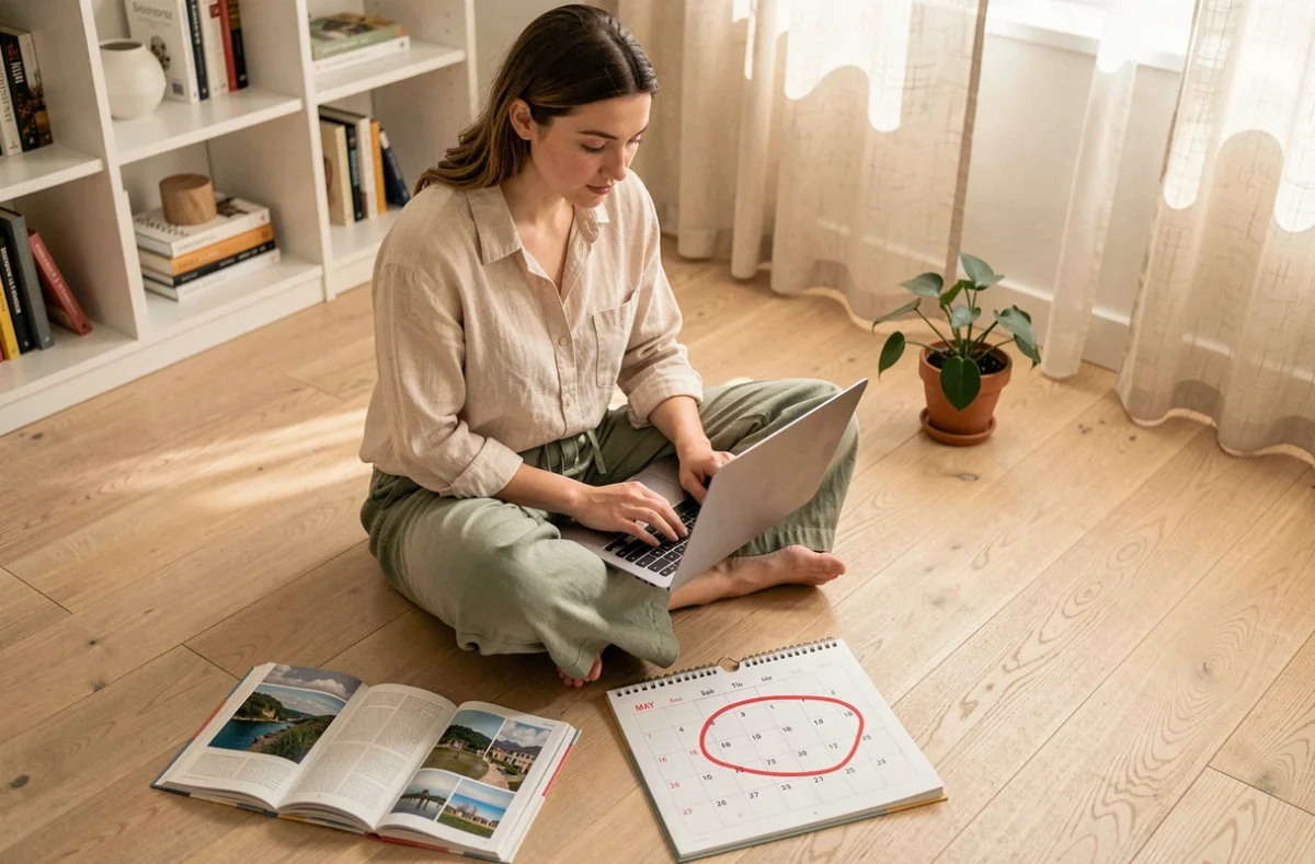 Femme planifiant ses vacances de printemps pour les jours fériés de mai 2026 entourée d'un guide de voyage et d'un calendrier