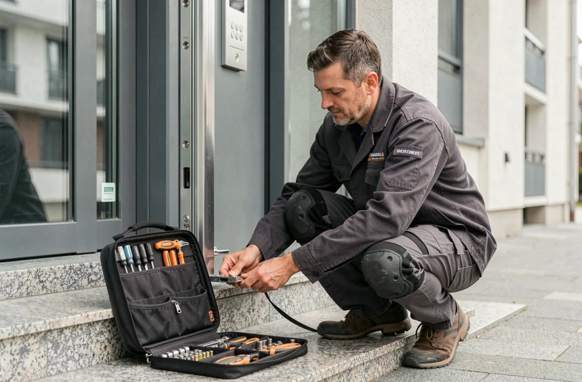 Technicien de P.M.S. remplaçant le mécanisme de fermeture d'une porte d'entrée d'immeuble à Villeurbanne