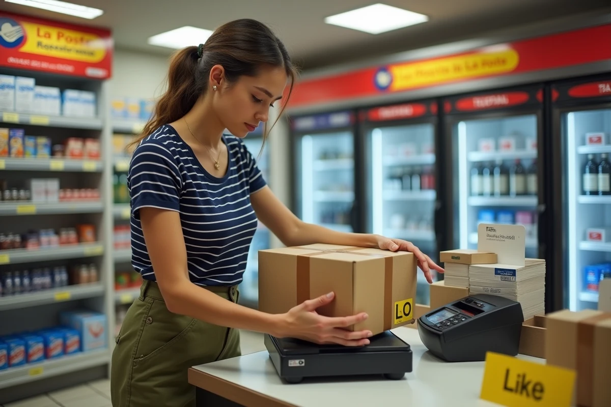 Une jeune femme dépose un colis sur la balance d'un point relais La Poste Colissimo dans une épicerie de proximité