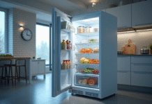 Porte de freezer ouverte dans une cuisine moderne avec air frais visible