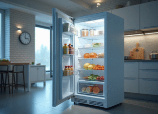 Congélateur entrouvert pendant un demi-jour : quels risques pour vos aliments ? Porte de freezer ouverte dans une cuisine moderne avec air frais visible