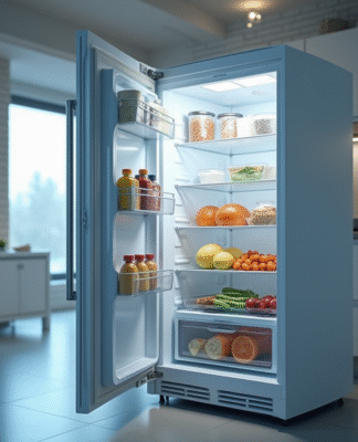 Porte de freezer ouverte dans une cuisine moderne avec air frais visible
