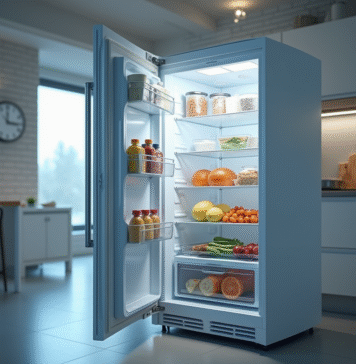 Porte de freezer ouverte dans une cuisine moderne avec air frais visible