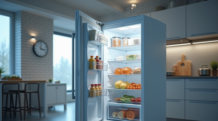 Porte de freezer ouverte dans une cuisine moderne avec air frais visible