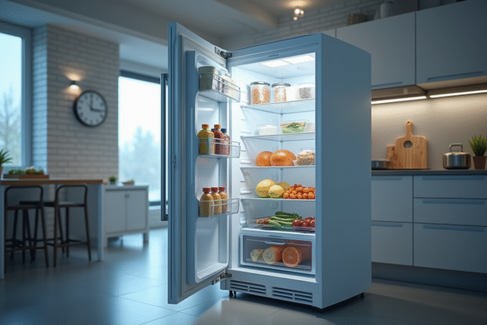 porte-freezer-cuisine Porte de freezer ouverte dans une cuisine moderne avec air frais visible