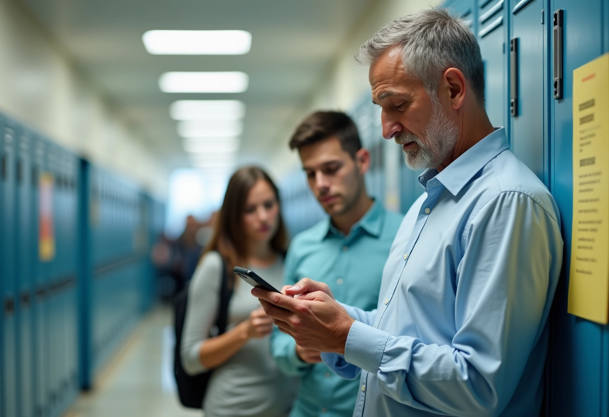 Professeur de lycée vérifiant ses emails dans le couloir