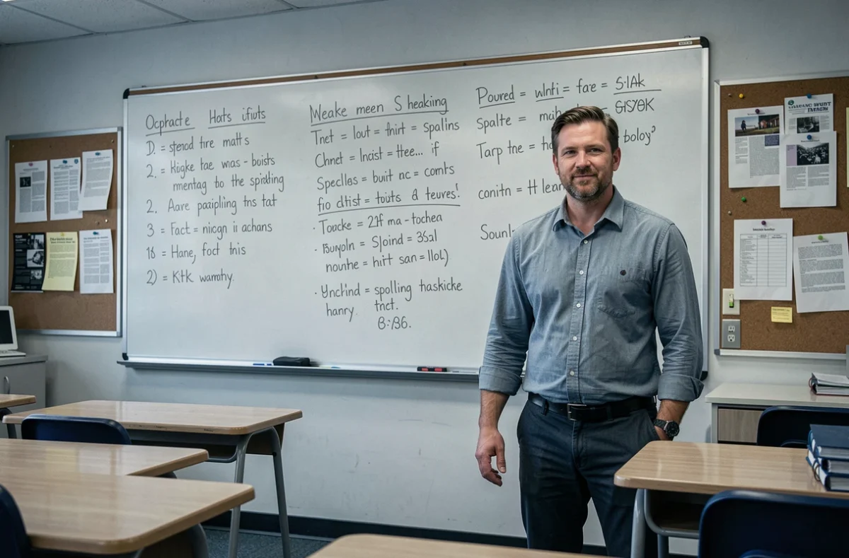 Professeur devant un tableau blanc présentant des fautes d'orthographe courantes dans les SMS, dans une salle de classe moderne