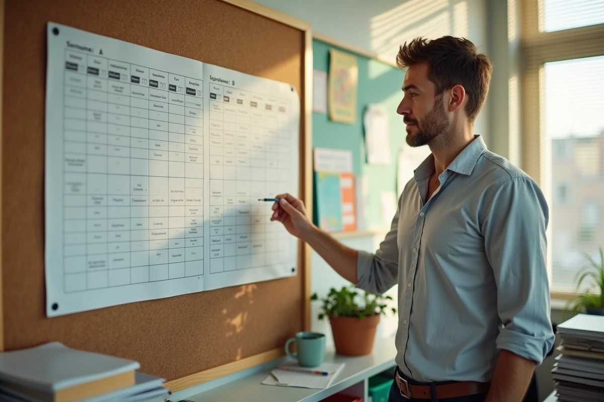 Enseignant expliquant le système de semaines alternées A et B sur un planning mural en salle des professeurs
