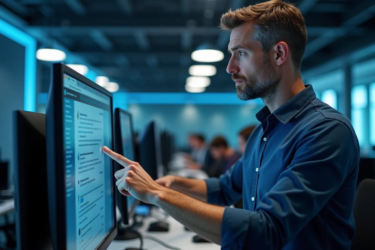 Un professionnel en informatique analyse une alerte de sécurité liée à un résultat de recherche douteux sur un grand écran