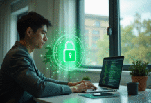 Jeune professionnel utilisant un ordinateur avec un cadenas holographique pour la securite en ligne