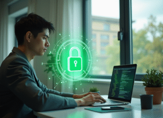 Jeune professionnel utilisant un ordinateur avec un cadenas holographique pour la securite en ligne
