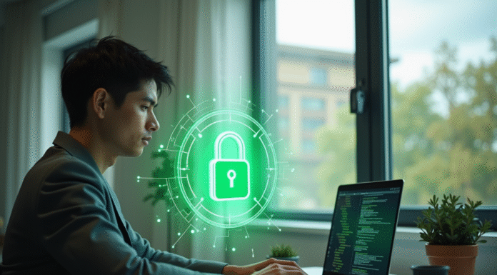 Jeune professionnel utilisant un ordinateur avec un cadenas holographique pour la securite en ligne
