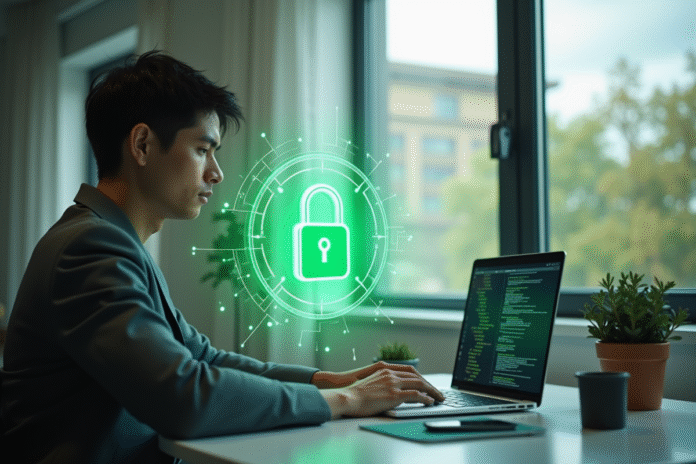 professionnel-securite-internet Jeune professionnel utilisant un ordinateur avec un cadenas holographique pour la securite en ligne