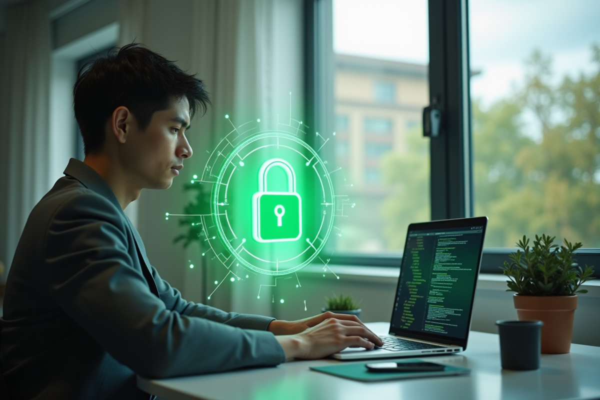 Jeune professionnel utilisant un ordinateur avec un cadenas holographique pour la securite en ligne