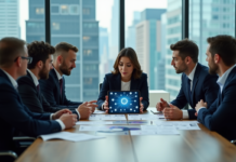 Blockchain : révolution du réseau commercial traditionnel Groupe de professionnels discutant autour d'une tablette blockchain