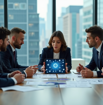 Blockchain : révolution du réseau commercial traditionnel Groupe de professionnels discutant autour d'une tablette blockchain