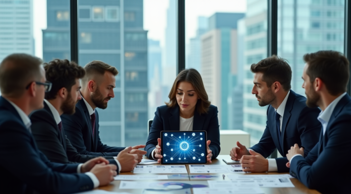 Groupe de professionnels discutant autour d'une tablette blockchain