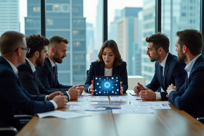 Groupe de professionnels discutant autour d'une tablette blockchain