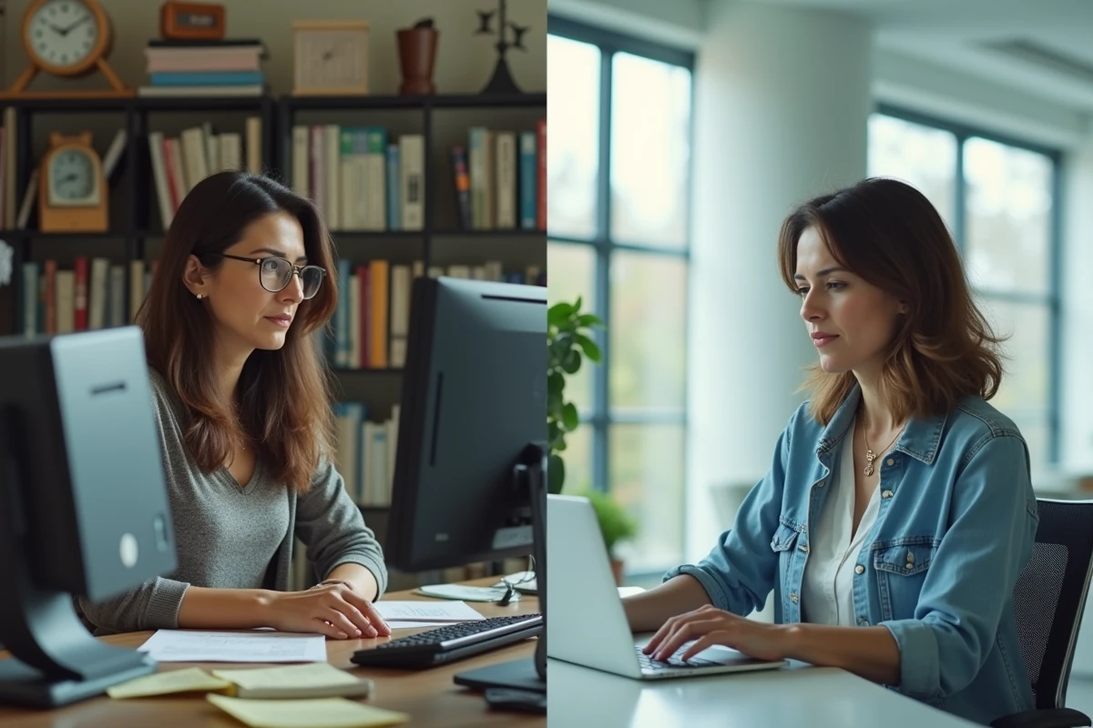 Comparaison avant-après d'une femme journaliste illustrant son parcours professionnel entre les années 2000 et aujourd'hui
