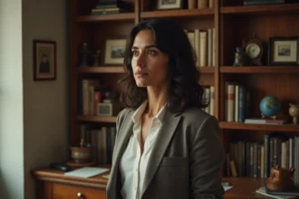 Portrait de femme aux cheveux ondulés sombres devant une bibliothèque vintage évoquant un parcours personnel riche