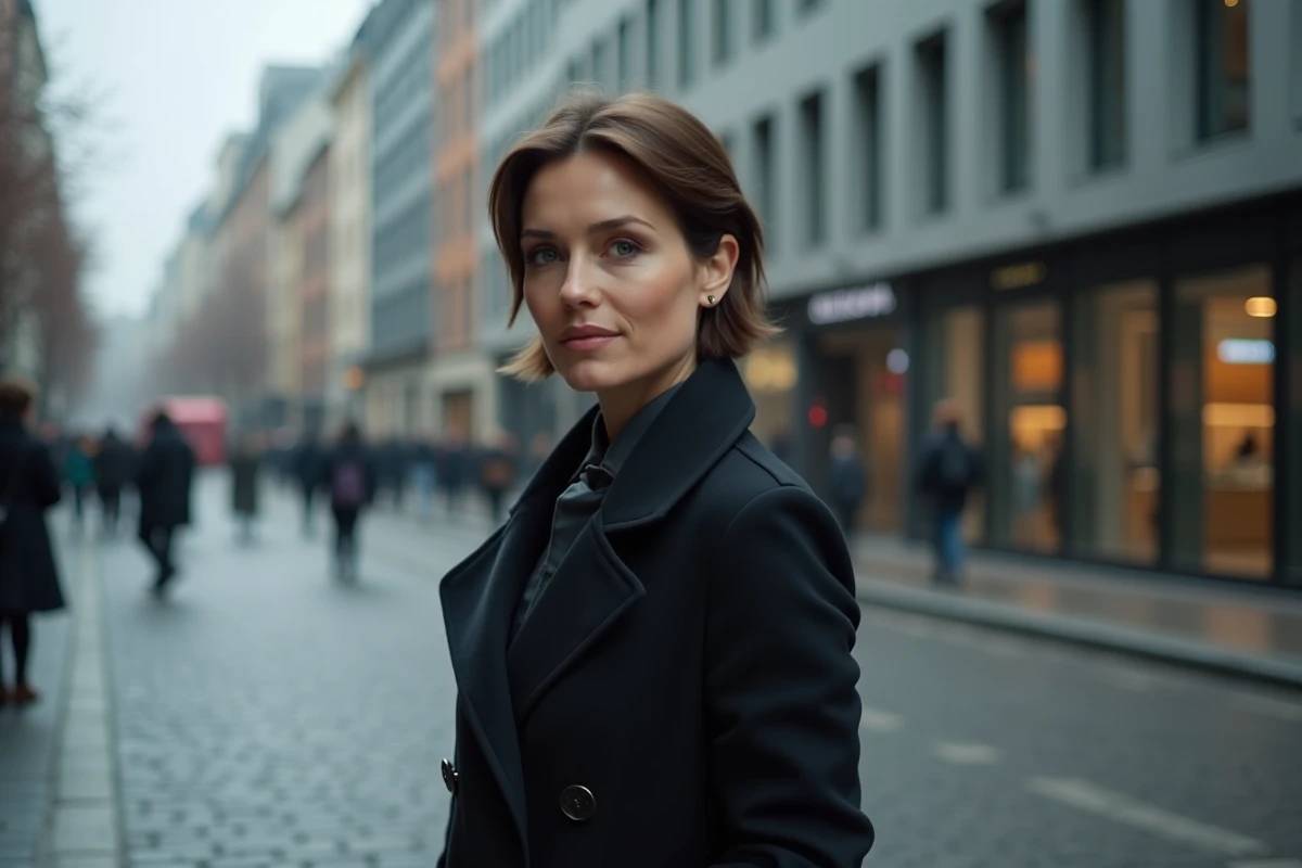 Femme au regard déterminé en manteau sombre dans une rue urbaine européenne en automne symbolisant l'évolution