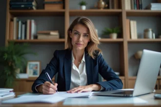 Femme professionnelle rédigeant un droit de réponse formel à la rédaction d'Elchorouk dans un bureau à domicile