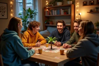 Groupe d'étudiants jouant à la règle palmier autour d'une table avec des cartes et des verres lors d'une soirée étudiante conviviale
