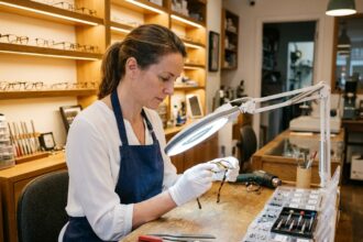 Opticienne réparant des lunettes abîmées dans un atelier artisanal bien rangé