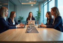 Groupe de professionnels en réunion dans une salle moderne