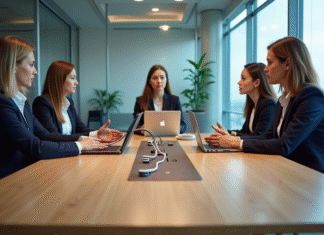 Optimisez vos réunions professionnelles avec une table de réunion équipée d’une connectique intégrée Groupe de professionnels en réunion dans une salle moderne