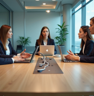 Groupe de professionnels en réunion dans une salle moderne