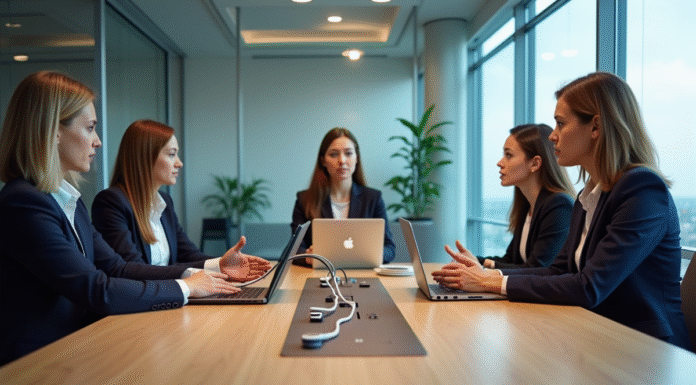 Groupe de professionnels en réunion dans une salle moderne