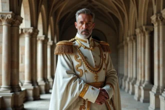 Cosplayeur habillé en amiral noble de One Piece dans un hall de pierre gothique, illustrant le personnage de Saint Garling Figarland