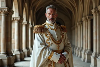 Cosplayeur habillé en amiral noble de One Piece dans un hall de pierre gothique, illustrant le personnage de Saint Garling Figarland
