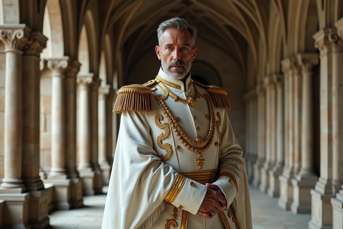 Cosplayeur habillé en amiral noble de One Piece dans un hall de pierre gothique, illustrant le personnage de Saint Garling Figarland