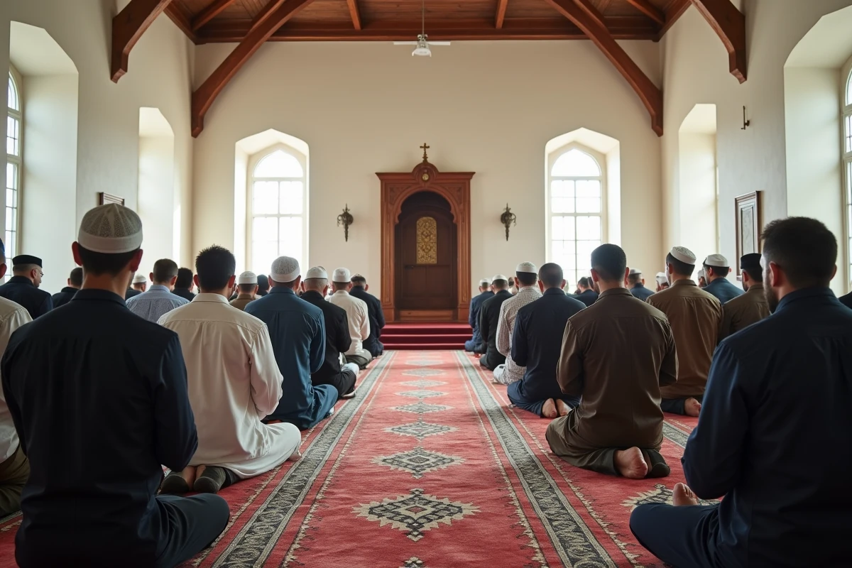 Salle de prière d'une mosquée de Bordeaux avec des fidèles en rangées lors de la salat