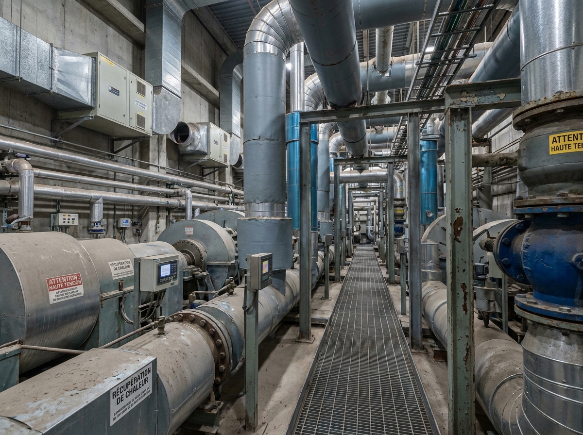 Salle de récupération d'énergie industrielle avec réseau de tuyaux isolés et turbines en acier