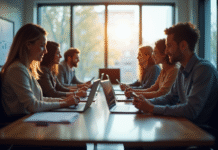 Salle de réunion moderne avec équipe diverse en journée