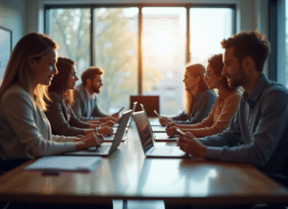 Salle de réunion moderne avec équipe diverse en journée