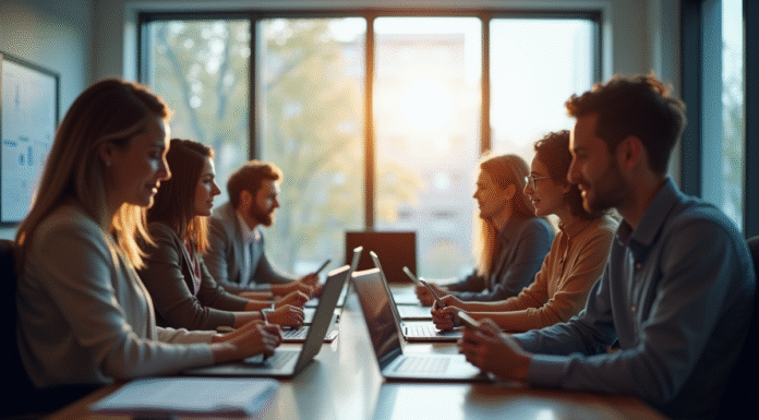 Salle de réunion moderne avec équipe diverse en journée