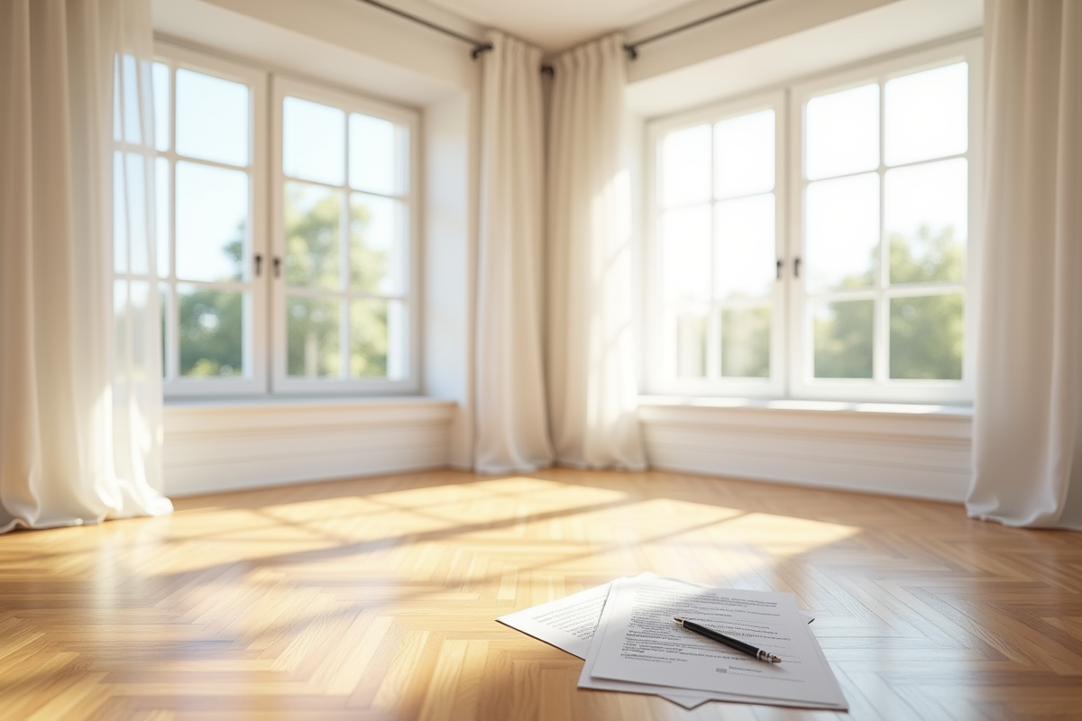 Salon vide et rénové avec documents de location et stylo au sol