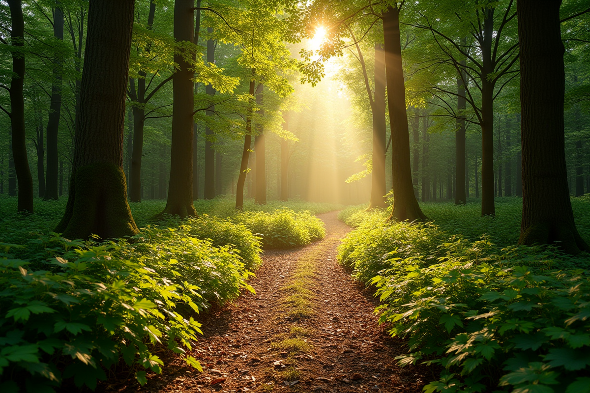Sentier de randonnée en forêt à Saignac au coucher du soleil