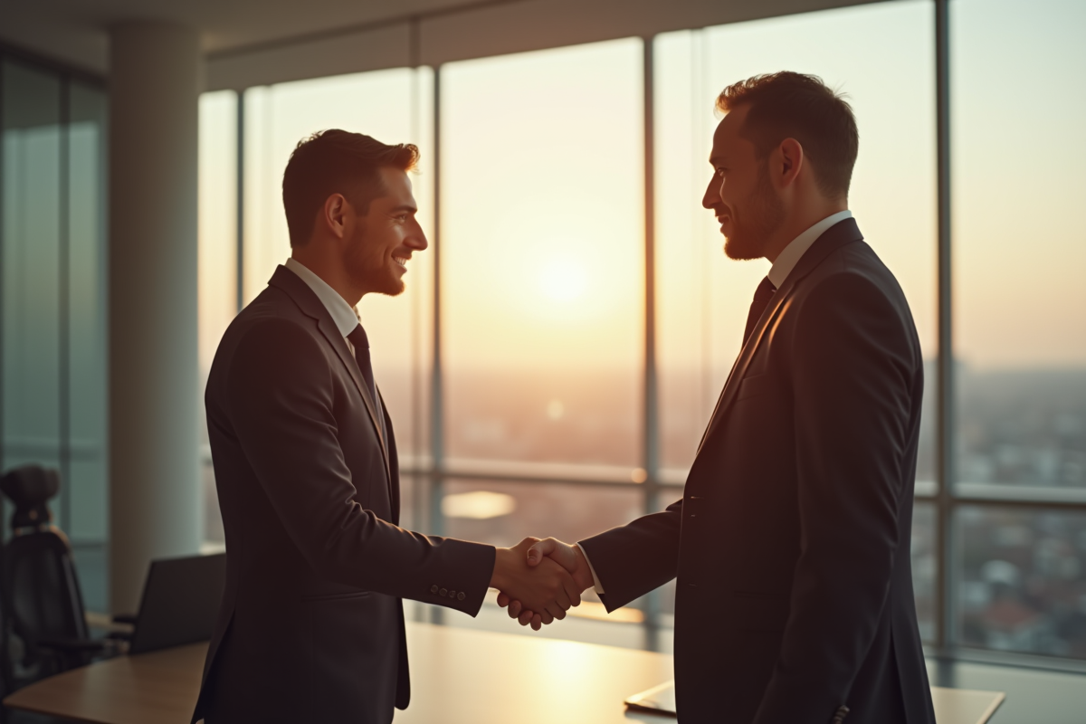 Deux professionnels se serrant la main sur un contrat dans un bureau lumineux