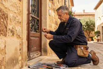 Serrurier professionnel en intervention devant une porte traditionnelle dans une rue de Fréjus