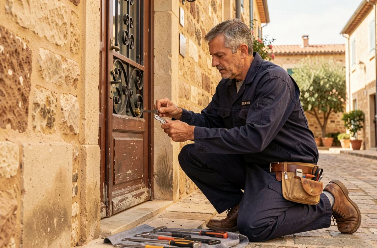 Serrurier professionnel en intervention devant une porte traditionnelle dans une rue de Fréjus