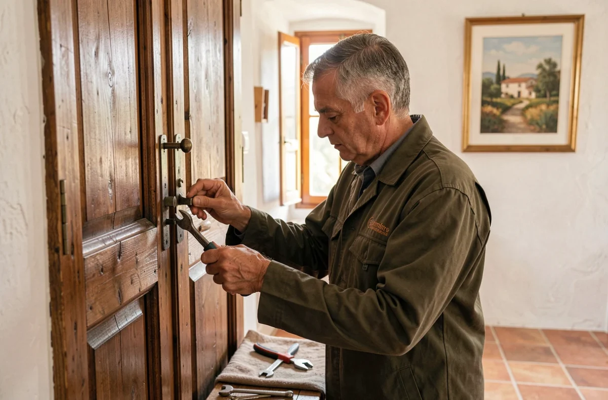 Serrurier Martin Fréjus remplaçant une serrure ancienne sur une porte en bois dans une maison provençale