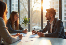 Jeune couple signant un contrat de location dans un appartement lumineux